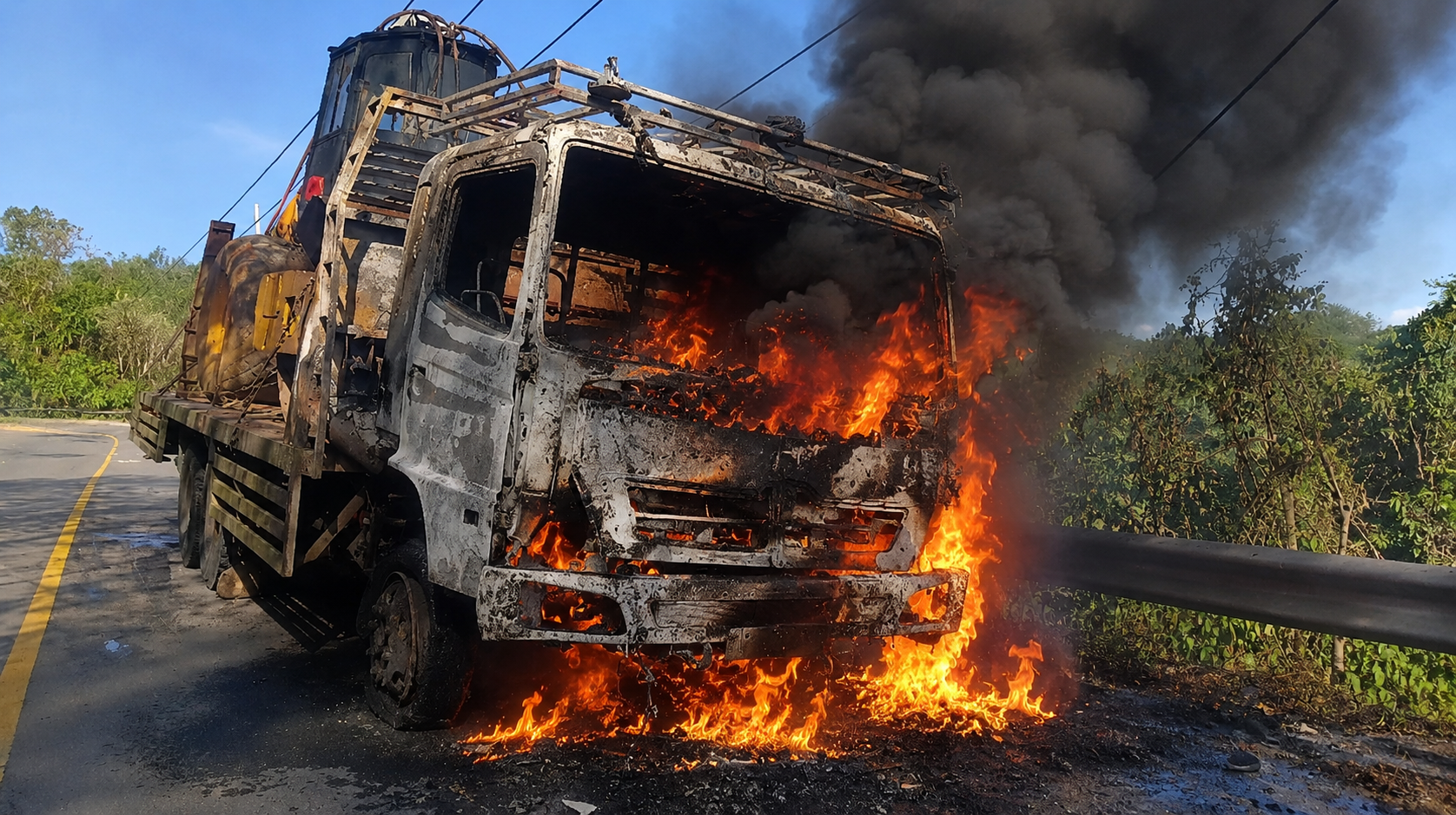 Diduga Tergesek Kabel Listrik, Truk Pengangkut Road Roller Terbakar di Marinsow